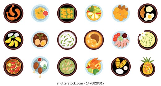 Thai food icons set. Flat set of thai food vector icons for web design