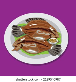 Thai food illustration Fried fish placed on vegetables in a plate have a cup of water.