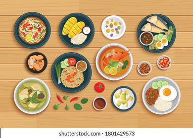 Thai food and ingredient on a wooden background.