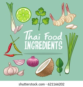 thai food ingredients doodle object vector illustration