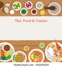 Thai Food and Ingredients Frame, Traditional, Famous Menu, Wood Background