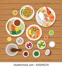 Thai Food and Ingredients Set, Traditional, Famous Menu, Wood Background