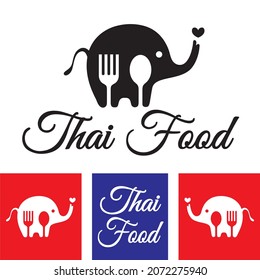 thai food logo with elephant silhouette spoon and fork vector illustration - business mascot brand for restaurant or street food