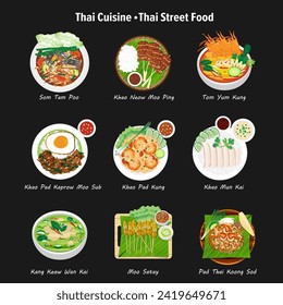 Thai food menu. Asia street food illustration with black background. Set of Thai Food Recipes 9 menu.