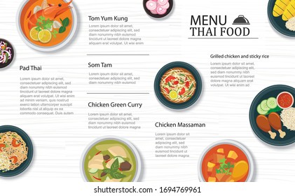 Thai Food Menu Restaurant On A White Wooden Table Top Template Background. Use For Poster, Print, Flyer, Brochure.