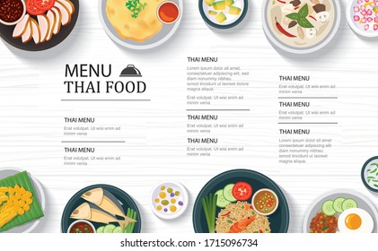 thai food menu restaurant on a white wooden table top template background. Use for poster, print, flyer, brochure.