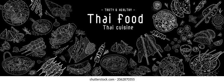 Thai Food Menu Restaurant. Thai Food Sketch Menu. Asian Food Background. Asian Food Poster.  Vector Illustration.