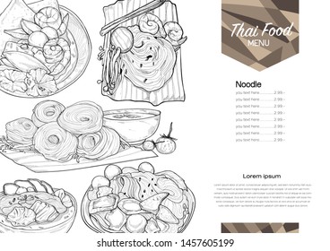 thai food menu template. noodle menu. drawing vector style. pad thai. 