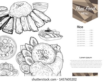 thai food menu template. noodle menu. drawing vector style. chicken rice soy sauce. 