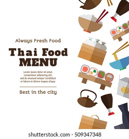 Thai food menu template with simple flat asian food and equipment  icons on white background vector illustration. Wok flat