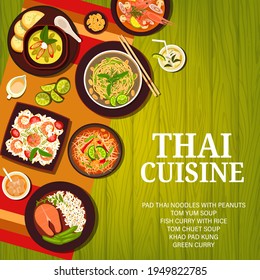 Thai food menu, Thailand cuisine dishes, rice and soup, vector Asian restaurant background. Thai cuisine food dinner and lunch dishes of green curry, spicy salads and noodles, authentic Thai meals