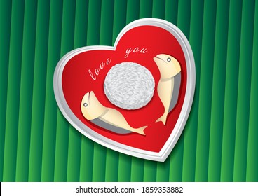 Thai food on green banana leaf vector illustration. Fried mackerel and rice on a heart shaped plate. concept love. cartoon
