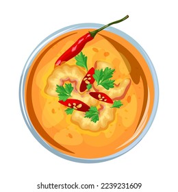 Thailändisches Essen auf dem Teller. Gewürzige traditionelle asiatische Gerichte. Cartoon Draufsicht auf klebrigen Mango-Reis, Curry mit Garnelen und Salat einzeln auf Weiß. Kochkonzept