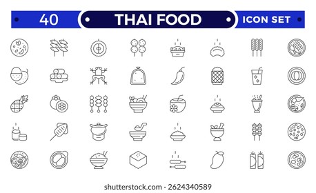 Thai food outline icon set. Included the icons as dumplings, skewer, sausage, grilled chicken wings, asian style, fruit bowl, pad thai and more.
