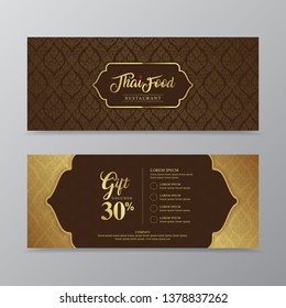 Comida tailandesa e restaurante tailandês modelo de design de voucher de presente de luxo para impressão, folhetos, cartaz, web, banner, folheto e ilustração vetorial de cartão