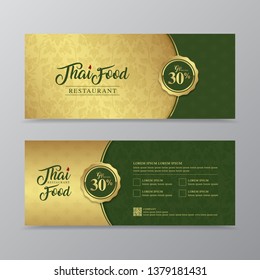 Thai food and thai restaurant luxury gift voucher design template for printing, flyers, poster, web, banner, brochure and card vector illustration