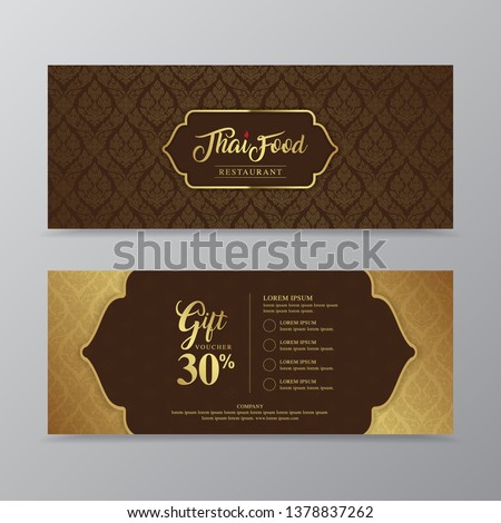 Thai food and thai restaurant luxury gift voucher design template for printing, flyers, poster, web, banner, brochure and card vector illustration