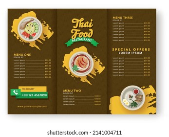 Thai Food Restaurant Menu Card Trifold Brochure With Presented Dishes In Brown And Yellow Color.