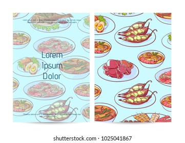 Thai food restaurant menu cover with assorted asian dishes. Tom yam soup, steamed rice, satay skewers, green curry, fish and crabs, noodles with shrimp and green papaya salad vector illustration.