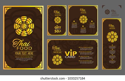 Thai Food  restaurant menu.  Lotus Golden flower. Branding. Business card, flyer, vip card and gift voucher. Vector design