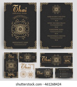 Thai Food restaurant menu template. Luxury Golden flower. Branding. Business card, flyer, vip card and gift voucher. Vector design.