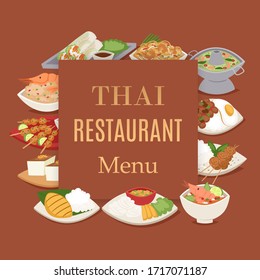 Thai food restaurant menu with thailand cuisine vector illustration, Tom Yam Goong, asian food ,thai spicy dishes. Thai food restaurant or cafe menu poster.