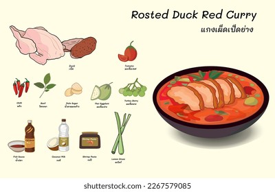 Thai food, Roasted duck red curry, as Gaeng Phed Ped Yang,
picture roasted duck in Thai Red Curry recipe with main thai ingredients, such as,  coconut milk Thai red curry paste, roast duck, tomatoes.