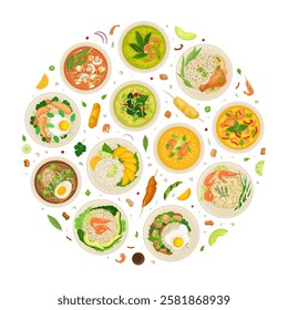 Thai Food Round Composition Design with Tasty Served Meal Vector Template