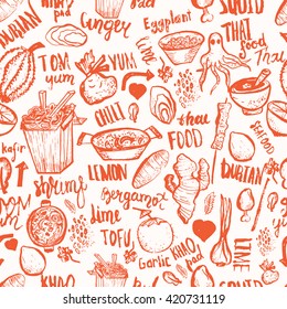 Thai food seamless hand drawn rough pattern. Thai sketches. Vector isolated on white background for cafe menu, banners, chalkboards