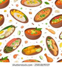 Thai Food Seamless Pattern Design with Tasty Served Meal Vector Template