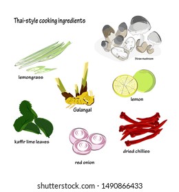 Thai food seasonings (tom yum), mushrooms, lemongrass, red onion, kaffir lime leaves, dried chilies, lemons, galangal, vector illustration