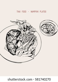 Thai food set of Chili paste , Fried mackerel fish, Boiled vegetables. illustrator