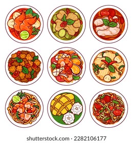 Thai Food Set Menü Symbol Draufsicht Vektorgrafik. (Tom Yum Kung, Kaeng Kiew Waan Gai, Kaeng Phed Ped Yang, Pad Kra Pao, Yum Talay Seafood, Tom Kha Gai, Pad thai Noodles, Khao Niaow Ma Muang, Som Tum) 