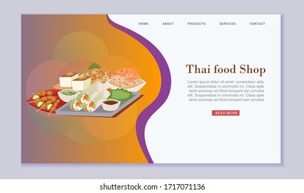 Thai food shop and cuisine vector illustration with Tom Yam Goong, asian food ,thailand seafood spicy dishes. Thai food online shop webpage.