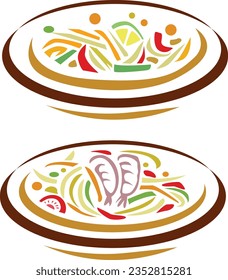 Thai food, Somtum, Papaya salad and ingredients pepper, tomato, lemon and garlic on white background.

