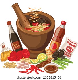 Thai food, Somtum, Papaya salad and ingredients pepper, tomato, lemon and garlic on white background.