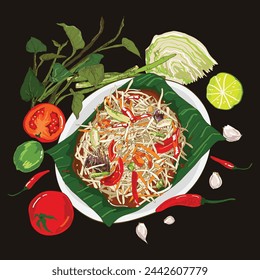 Thai-Essen, Somtum, Papayasalat und Zutaten Pfeffer, Tomate, Zitrone und Knoblauch auf weißem Hintergrund, ist zu sauer In Laos heißt es Tam Mak Hung. Es wird hauptsächlich gekocht, indem man das gehackte, in Scheiben geschnittene Stück hämmert