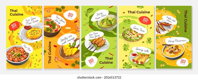 Thai food story set, vector illustration. Asian traditional cuisine from thailand, spicy pad thai, tom yum and spring rolls design. Dinner meal with vegetable, sticky rice with mango, som tam.