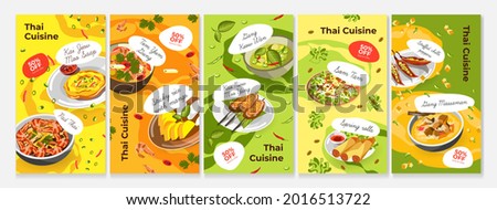 Thai food story set, vector illustration. Asian traditional cuisine from thailand, spicy pad thai, tom yum and spring rolls design. Dinner meal with vegetable, sticky rice with mango, som tam.