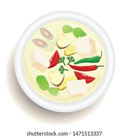 Thai Food  Tom kha kai (Chicken in coconut soup) top view vector design.