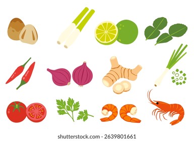 Thai Food TOM YUM KUNG ingredients vector logo isolated on white background.	