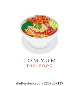 Thai Food Tom Yum Soup Vector Illustration Logo With Seafood Stuffing And Fresh Spicy Gravy In A White Bowl