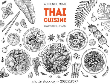 Thai food top view vector illustration. Food menu design template. Hand drawn sketch. Thai food menu. Vintage style. Thai noodle soup, som tam, chicken curry, tom kha gai