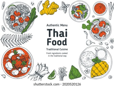 Thai food top view vector illustration. Food menu design template. Hand drawn sketch. Thai food menu. Vintage style. Pad thai, massaman curry, mango sticky rice, tom yum top view.