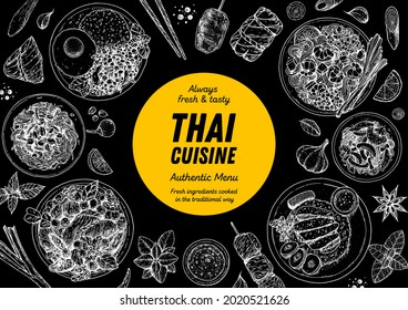 Thailändische Küche mit Draufsicht, Vektorgrafik. Design-Vorlage für Speisemenüs. Handgezeichnete Skizze. thailändische Speisekarte. Vintage-Stil	