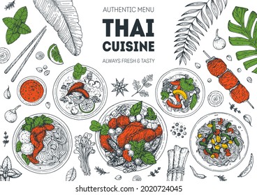 Thai food top view vector illustration. Food menu design template. Hand drawn sketch. Thai food menu. Vintage style. Thai noodle soup, som tam, chicken curry, tom kha gai