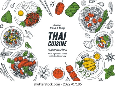 Thai food top view vector illustration. Food menu design template. Hand drawn sketch. Thai food menu. Vintage style