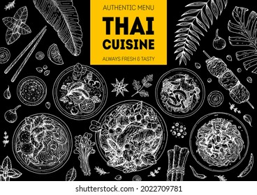 Thai food top view vector illustration. Food menu design template. Hand drawn sketch. Thai cuisine menu. Vintage style. Thai noodle soup, som tam, chicken curry, tom kha gai