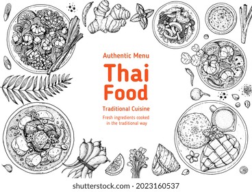 Thai food top view vector illustration. Food menu design template. Hand drawn sketch. Thai food menu. Vintage style. Pad thai, massaman curry, mango sticky rice, tom yum top view.