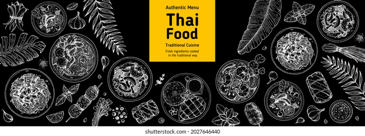 Thai food top view vector illustration. Food menu design template. Hand drawn sketch. Thai food menu. Vintage style. Tom yum, som tam, noodle soup, tom kha gai, mango stiky rice.